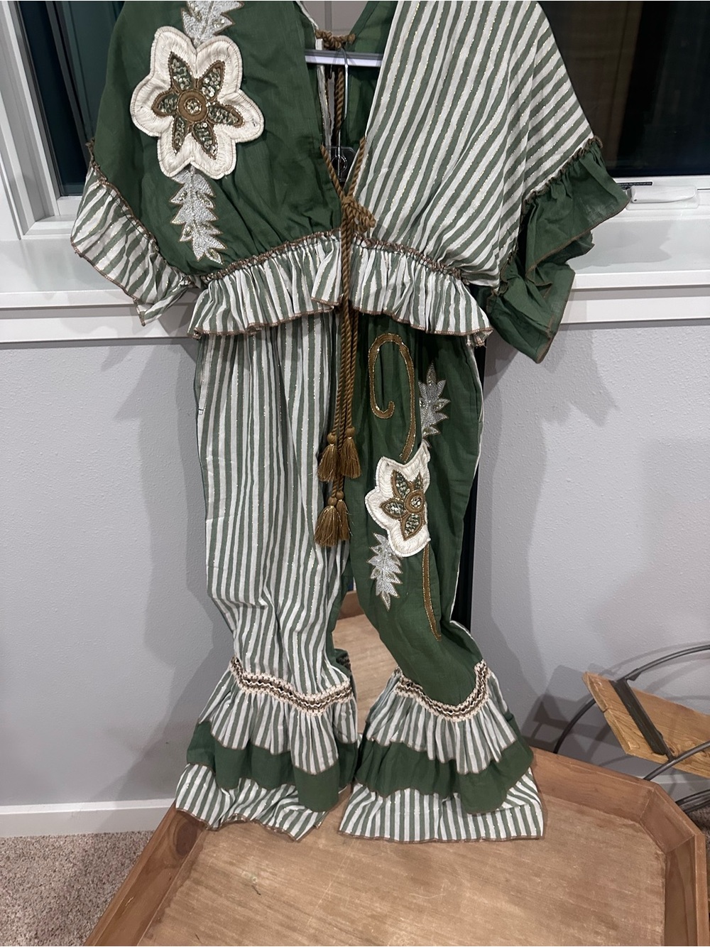 Green and White Striped Embroidered Jumpsuit with Tassel Tie